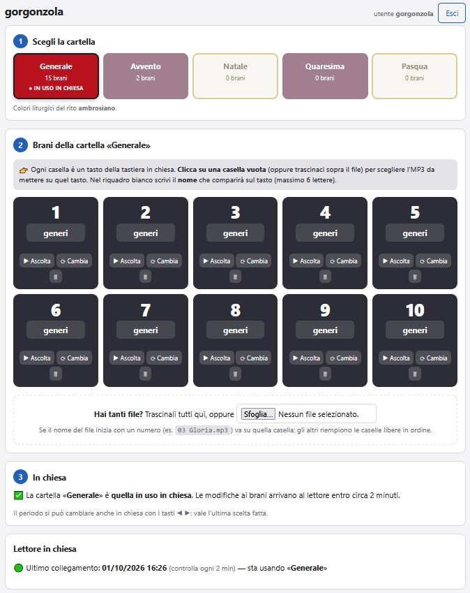 La pagina web di gestione dei canti della parrocchia